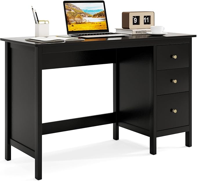 Tangkula Black Desk with Drawers Modern Home Office Computer Desk with Storage Drawers &amp Spacious Desktop Compact Writing Study Desk Laptop Desk for Bedroom Multipurpose Computer Workstation