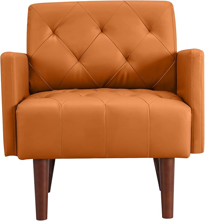 Accent Chairs Leather Accent Chair Modern Upholstered Living Room Chair Cozy Armchair Button Tufted Back and Wood Legs for Bedroom Office Cafe (Orange)