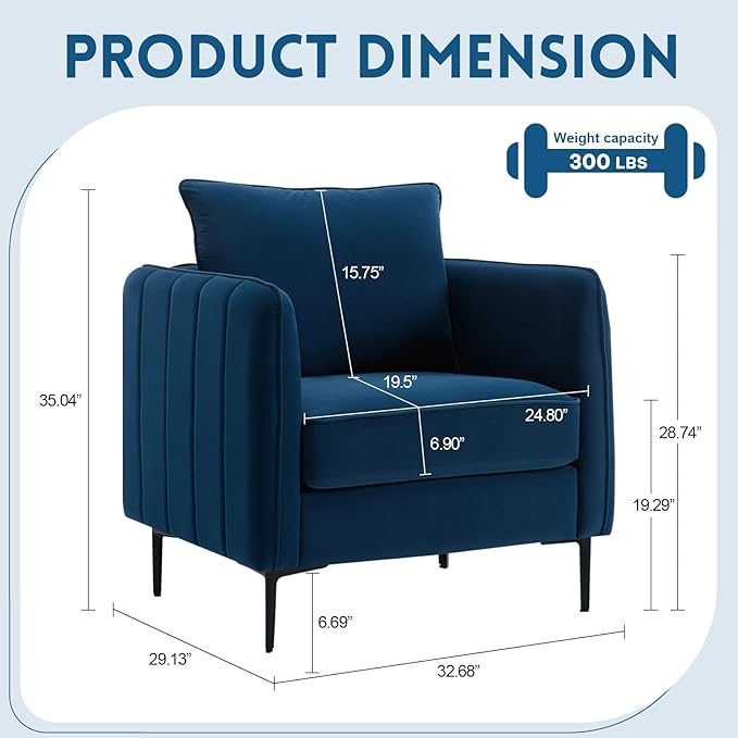 Velvet Accent Chair Mid Century Modern Single Arm Chair Comfy Living Room Reading Bedroom Lounge 6.3 Inch Upholstered Cushioned Black Metal Legs (Blue Sofa Chair Set of 2)