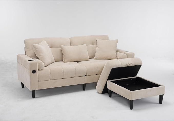 77 Beige L-Shaped Sofa with Storage Footrest Chenille Sofa with 2 Cup Holders and Charging Station for Small Spaces Comfortable Cloud Area 3 Sofa (Beige)