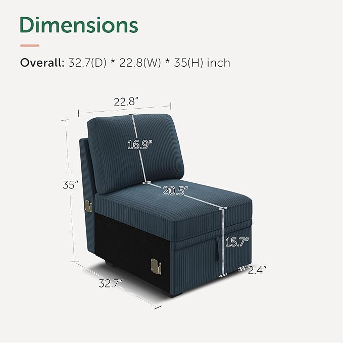 HONBAY Single Seat for Modular Sectional Sofa Customizable Armless Chair for Sectional Sleeper Sofa Velvet Blue