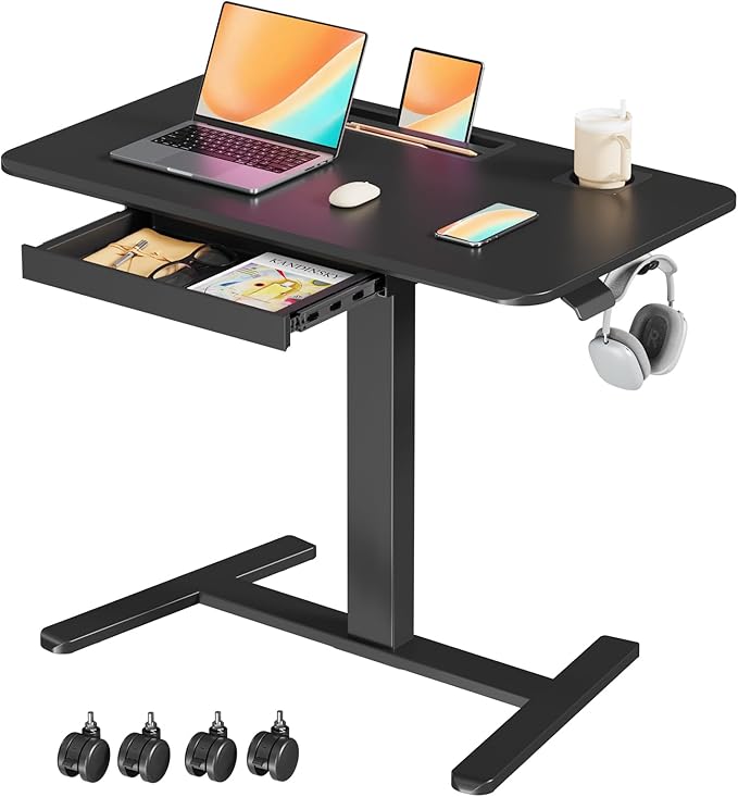 Mobile Standing Desk with Drawer 35 Small Standing Desk with Cup Holder Rolling Laptop Cart on Wheels Height Adjustable Table with Storage for Home Office Black