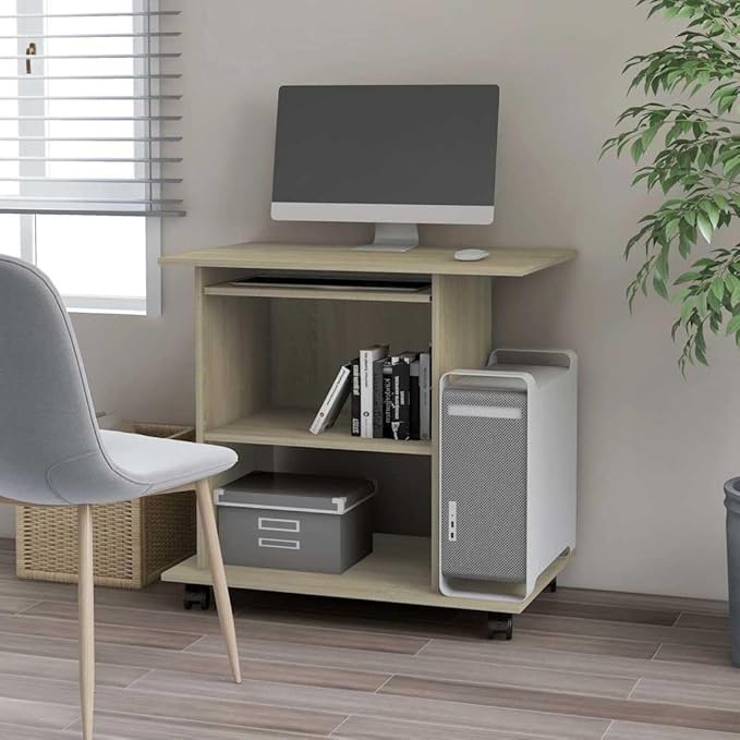 vidaXL Compact Computer Desk-Engineered Wood Sonoma Oak Mobile Workstation with Shelves and Sliding Keyboard Section Modern Style Home-Office Desktop Table.