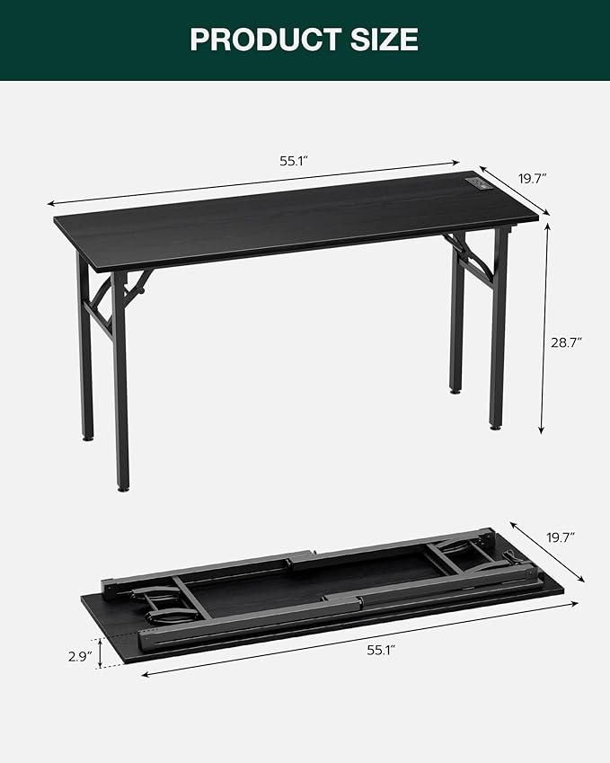 Frylr Small Folding Computer Desk – 55.1 Inch Portable Table for Craft and Study Lightweight Desk for Small Spaces Foldable Laptop Table Built-in AC/USB Outlets for Convenience Dark Oak