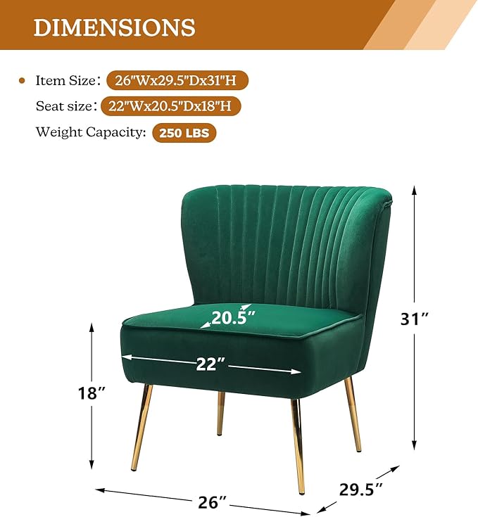 HULALA HOME Velvet Accent Chair Modern Upholstered Cute Side Chair with Gold Metal Legs Armless Wingback Slipper Chair Comfy Living Room Chair for Bedroom Guest Room VanityGreen