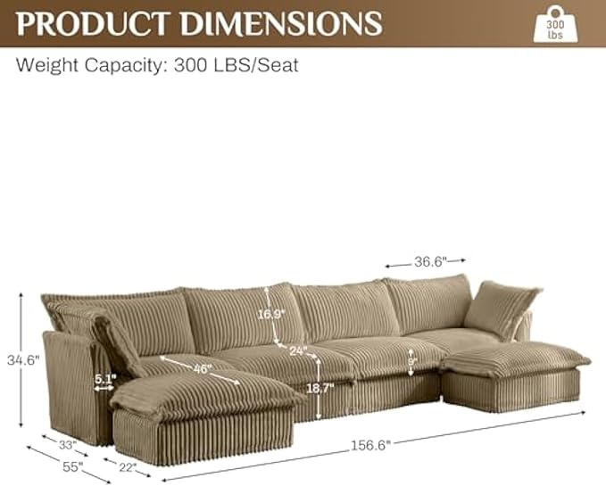 Modular Sectional Sofa Cloud Couch 156.6 U Shaped Sofa Comfy 4-Seat Couch with Ottoman &amp Removable Cover Oversized Sofas Set for Living Room Apartment Camel Corduroy