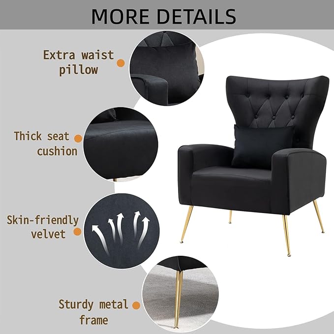 X-VOLSPORT Button-Tufted Velvet Accent Chair Mid Century Modern Living Room Chair with High Wingback Upholstered Arm Chair with Metal Gold Legs for Bedroom Club Black