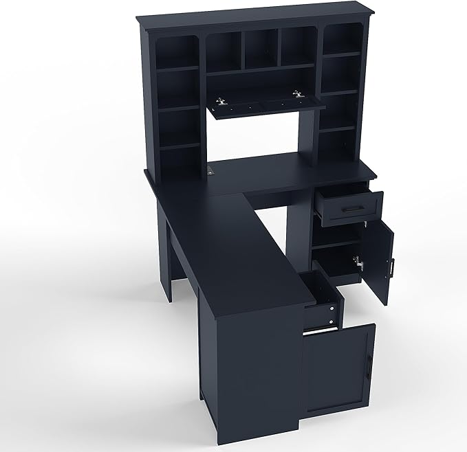 L-Shaped Home Executive Desk with 2 Cabinets and 2 Drawers Computer Desk with Power Outlet 11 Open Shelves and 1 Right Flip Shelf with Storage for Study Living Room and Office (Antique Blue-02)