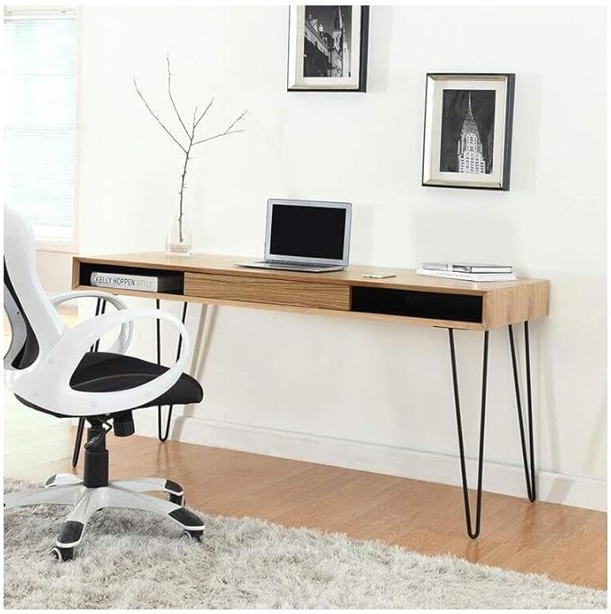 Maykoosh Home Office Desk - 59 Oak Veneer Top &amp Metal Legs - Large Desk with Drawer - Easy Assembly