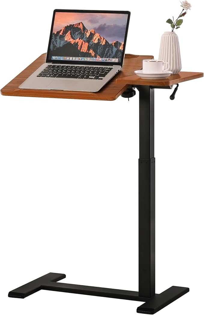 Adjustable Overbed Bedside Table with Hidden Wheels Pneumatic Tilt Board Rolling Laptop Standing Desk Cart Mobile Over Bed Sofa Chair Side End Tables Walnut (Walnut)