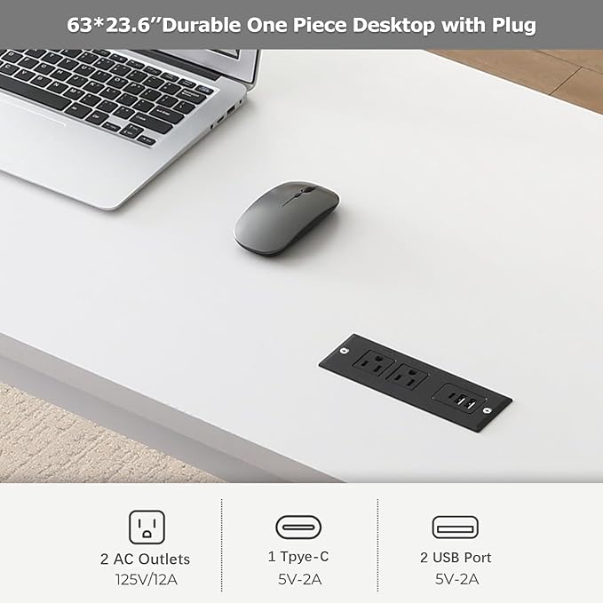 Large Computer Desk - 63 Inch Home Office Desks Study Student Writing Table Gaming Desk Wood Modern Simple Table with USB Ports White
