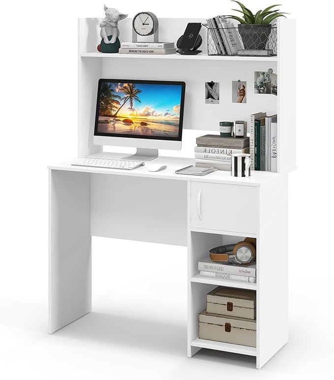 Tangkula Computer Desk with Hutch Home Office Desk with Raised Display Shelf &amp 2 Open Shelves Cabinet with Door Cable Management Holes Modern Laptop PC Desk Study Writing Desk for Bedroom
