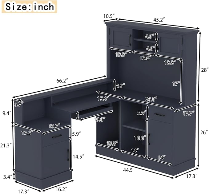 L-Shaped Home Office Desk with Storage Drawers Shelves and Cabinet Study Table Gaming Computer Desk with Keyboard Tray for Apartroom Living Room Blue