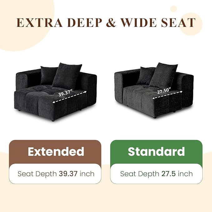 104 Love Seat Couch with Chaise Ottomans Modular Sectional Sofa Cloud Couch with Deep Seats Breathable Linen Fabric Sectional Couches for Living Room/Bedroom/Apartment Simple Assembly Black