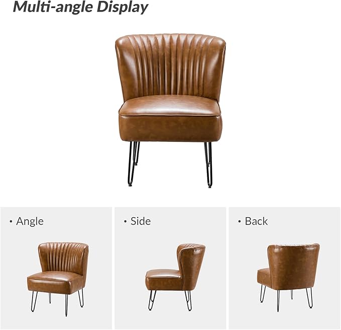 HULALA HOME Faux Leather Accent Chair with Metal Base Mid Century Modern Living Room Chair Comfy Upholstered Armless Side Chair for Bedroom Office Camel