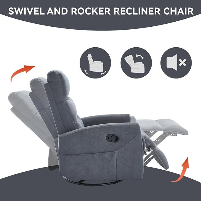 Swivel Rocking Recliner Chair Upholstered Glider Rocker with Adjustable Backrest and Footrest Modern Rocking Chair for Adults with 2 Pockets for Nursery Lounge Bedroom Living Room (Grey)