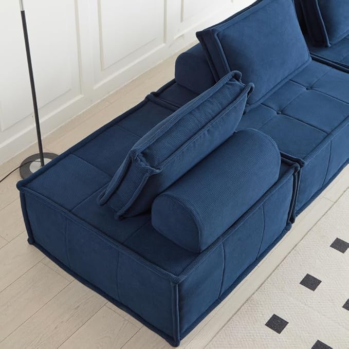 PurrJoys Modular Sectional Sofa 3-Piece 105 Deep Seat Corduroy Lounge Sofa with Movable Cushions Modular Couch for Small Spaces Living Room Bedroom Apartment Office - Blue