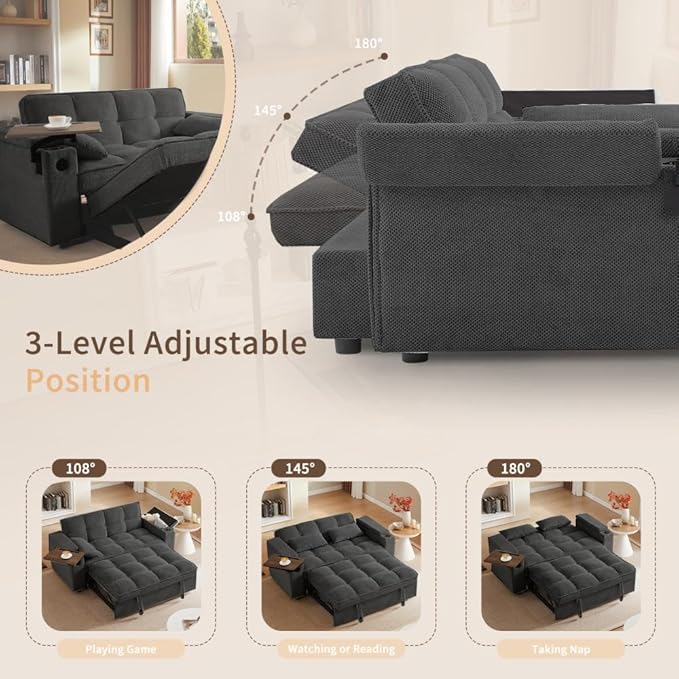 65'' Convertible Sleeper Sofa Bed with Adjustable Backrest Chaise Lounge Side Table &amp USB/Type-C Ports – Stylish &amp Functional Addition to Any Living Room (Black Sofa-1)