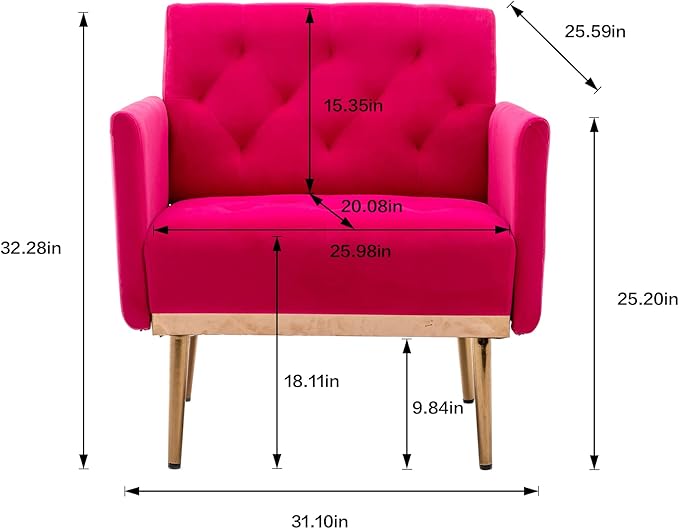 Modern Accent Chair Upholstered Single Sofa Arm Chair for Living Room and Bedroom Upholstered Comfy Armchair Chair with Solid Tapered Metal Legs (Rose Red)