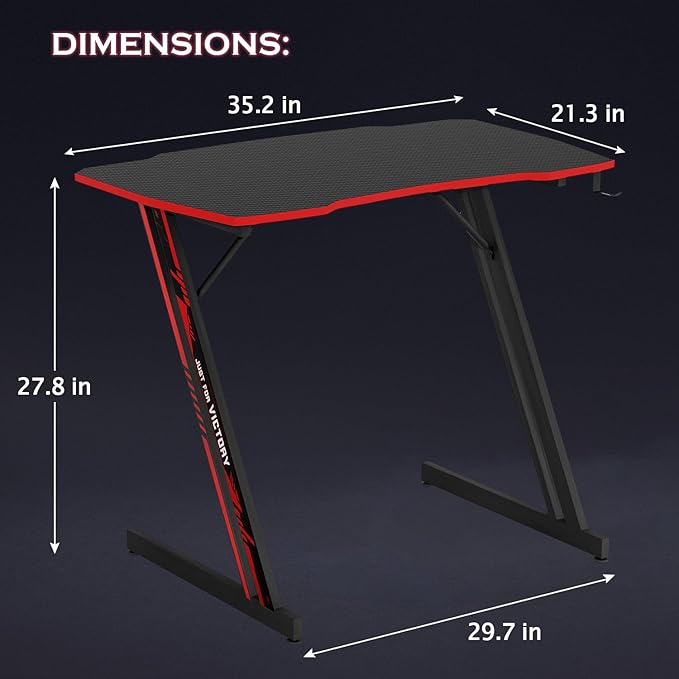 PayLessHere | 35 Gaming Table | Red | Z-Shaped Computer Desk with Steel Frame Headphone Hook Adjustable Feet | Carbon Fiber Texture Surface Sweat &amp Waterproof | for Gaming Home Office