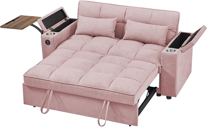 65'' 3-in-1 Folding Convertible Sofa Bed Queen Size Pullout Sofa Modern Chenille Fabric 360° Swivel Side Table Easy Assembly Perfect for Living Room