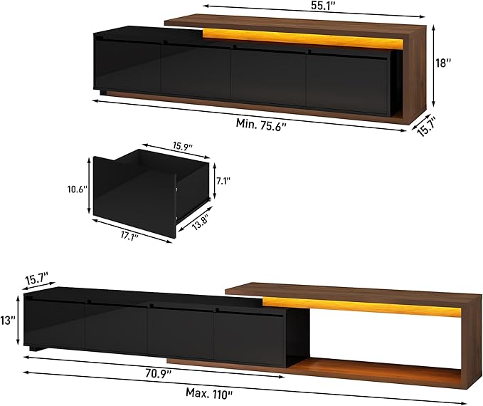 Extendable TV Stand with LED Light Modern Entertainment Center for up to 120 Inch TV Wood TV Media Console with 2 Drawers &amp 2 Cabinets for Living Room Bedroom 75-110 High Gloss Black &amp W