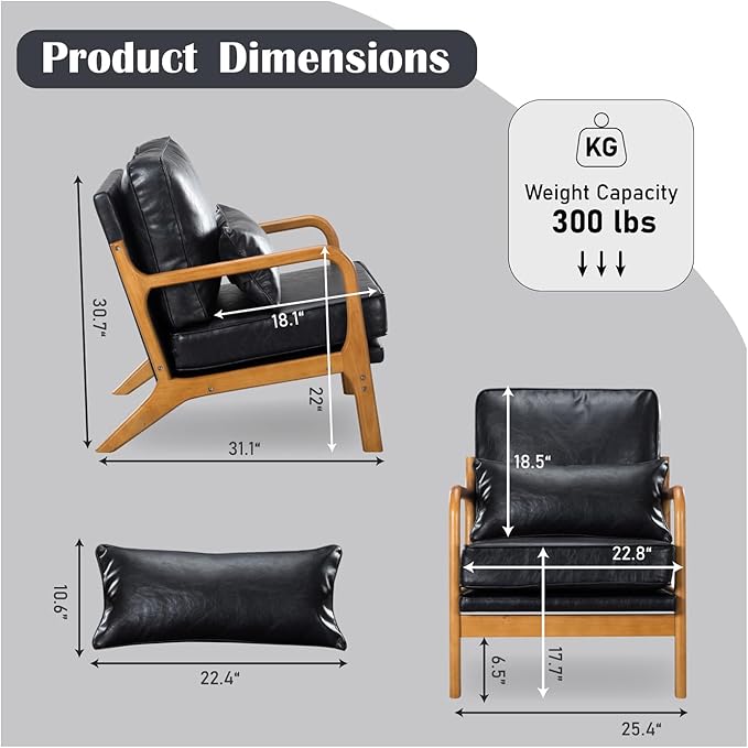 Leather Armchair with Wood Frame Waist Cushion Mid Century Modern Comfortable Single Person Sofa Chair Armrest Reading Accent Chairs for Living Room Bedroom (Black)