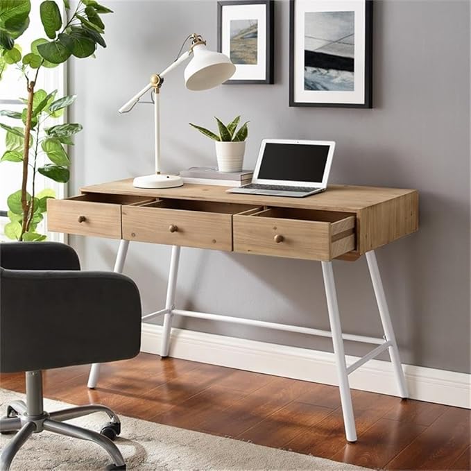 Riverbay Furniture Modern Wood and Metal Desk 44 w x 22.75 d x 30 h Fir Wood Top Powder-Coated White Iron Base 3 Storage Drawers Leveling Legs Home Office or Craft Workspace