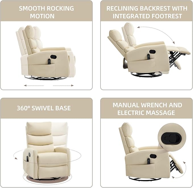 PELUMY 360° Swivel Rocker Recliner with Heat &amp Vibration Massage Glider Rocking Chair for Adults Compact Recliner for Living Room Small Spaces Nursery Bedroom (Breathable Leather Creamy Beig