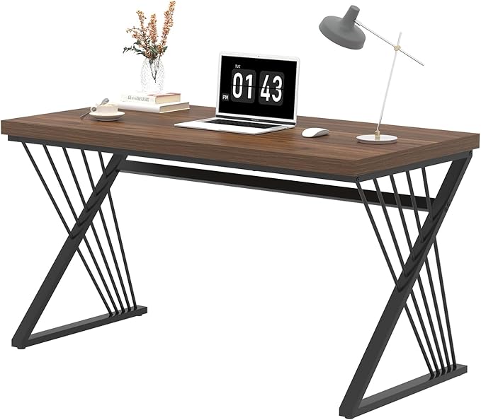 FOLUBAN Home Office Desks Modern Wood and Metal Writing Study Work Table Industrial Computer Desk for Bedroom Living Room Rustic Walnut 47 Inch