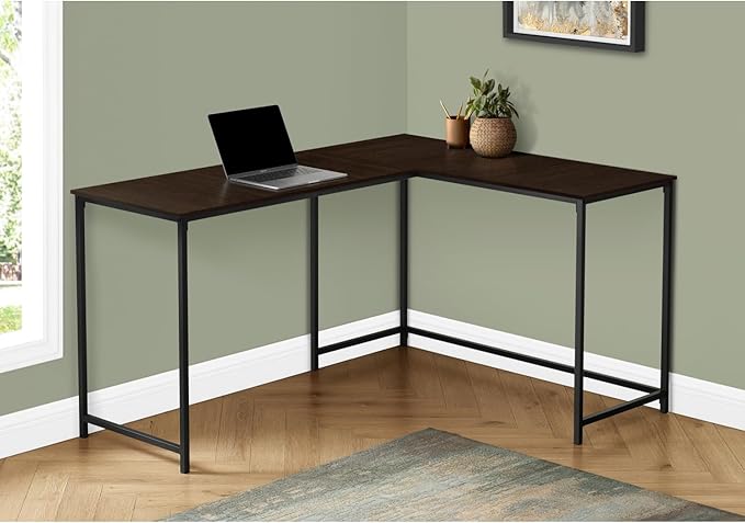 L-Shaped Corner Desk for Home Office Modern Design Brown Laminate Black Metal Legs