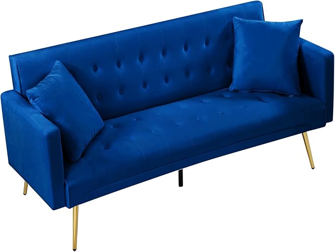 Anwick Modern Velvet Futon Sofa Bed: 72 Satin Convertible 2 Pillows Tufted Back Golden Metal Legs Folding Sleeper Loveseat for Small Space Home Office Living Room (Blue)