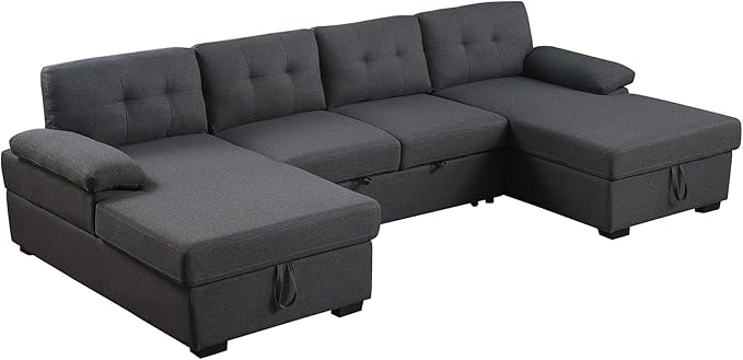 BEEY Sofa Bed 118 Oversized Sleeper Sectional Sofa with Storage Chaise U Shaped Sectional Couch with Pull Out Bed 6 Seater Pull Out Couch Bed for Living Room Bedroom (Dark Grey_4 Seater)