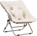 Welnow Comfy Saucer Chair Oversized Folding Reading Chair for Adults with Throw Pillow Soft Faux Fur Lounge Chair for Bedroom Furry Accent Chair for Living Room Dorm Rooms Beige