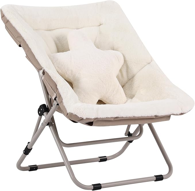 Welnow Comfy Saucer Chair Oversized Folding Reading Chair for Adults with Throw Pillow Soft Faux Fur Lounge Chair for Bedroom Furry Accent Chair for Living Room Dorm Rooms Beige