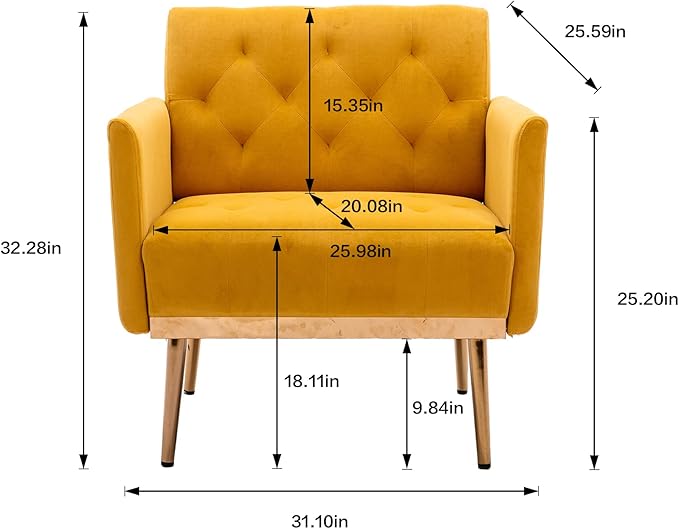 Modern Accent Chair Upholstered Single Sofa Arm Chair for Living Room and Bedroom Upholstered Comfy Armchair Chair with Solid Tapered Metal Legs (Mustard)