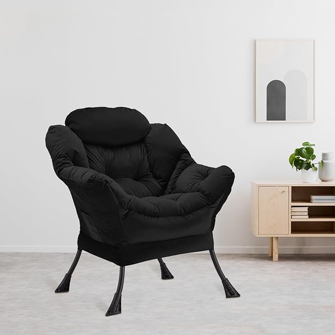 Lazy Chair Thick Padded Comfy Velvet Accent Lounge Chair with Stable Frame Leisure Sofa Armchair with Armrests and Side Pocket Reading Chair for Bedroom Living Room Office Black