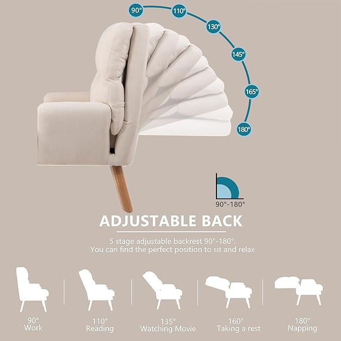 Accent Chair with Ottoman SetFabric Armchair with Wood Legs and Adjustable High BackrestUpholstered Lounge Chair for Living RoomBedroomReading Room and Study (Beige)