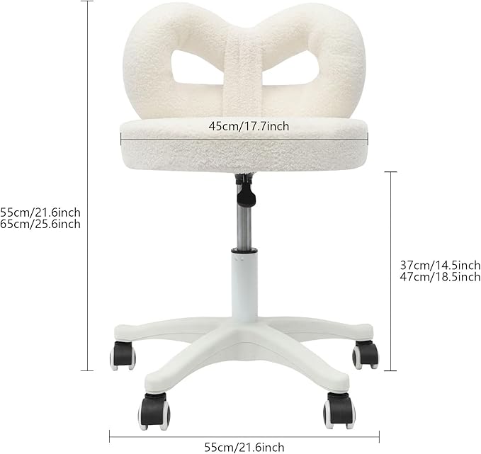 Vanity Chair with Cute Bow Backrest Adjustable Height Bedroom Vanity Stool Roller Chair with 5 Wheels White Make-up Chair Armless Dressing Chair for Bedroom Living Room