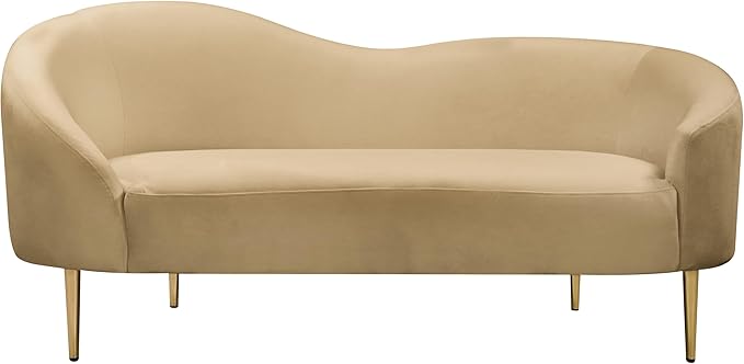 Meridian Furniture 659Camel-L Ritz Collection Modern | Contemporary Upholstered Loveseat with Rich Camel Velvet Gold Metal Legs Curved Contemporary Design 67 W x 31.75 D x 30.5 H Camel