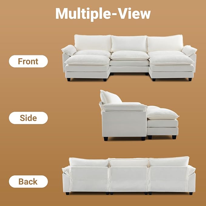VINGLI Convertible U-Shaped Sectional Modular Couch with 2 Movable 2-Layer Ottomans Oversized Comfy Cloud Sofa with Deep Seat &amp Chaise 3 Seater Cozy Couch for Small Spaces Chenille White-Cream