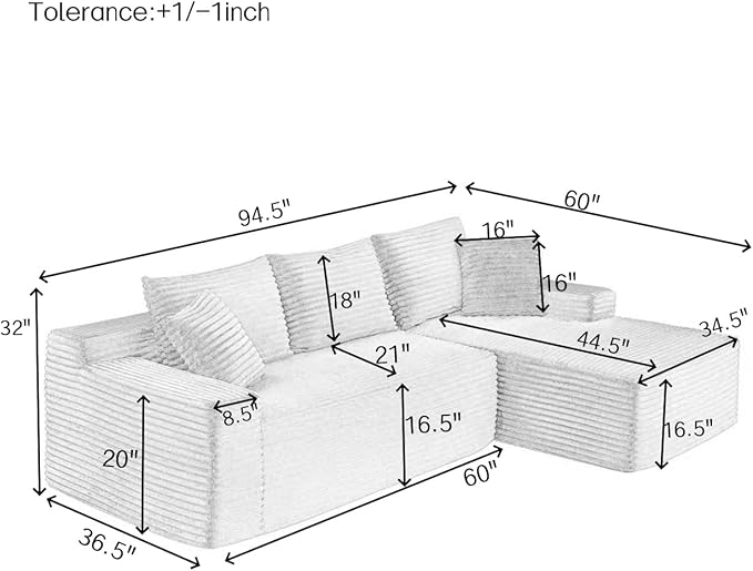 L-Shaped Cloud Sectional Couch Right Facing Modular Compressed Boneless Sectional Sofa with Chaise Lounge Plush Corduroy Boneless Corner Sofa for Living Room