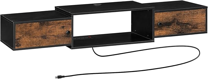 HOOBRO 55 Floating TV Stand with Power Outlet Modern Wall Mounted Media Console Shelf Cabinet for Under TV Storage Entertainment Center Living Room Bedroom Rustic Brown and Black BF11DS01
