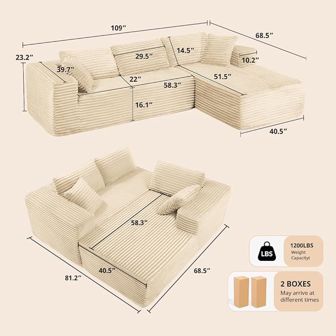 COMHOMA 105”Modular Sectional Sofa with Deep SeatCloud Upholstered L-Shape Couch Wide Arms Corduroy Fabric High-Density Foam Chaise Lounge for Living Room No Assembly Required