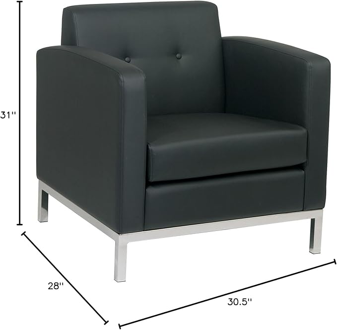 OSP Home Furnishings Wall Street Faux Leather Armchair with Box-Spring Cushion Button Tufted Back and Chrome Finish Base Black