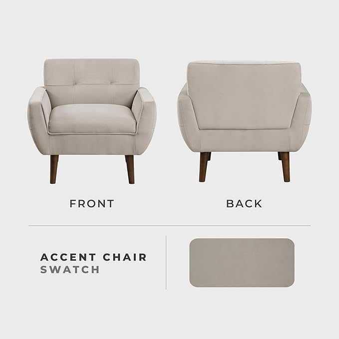 Lexicon Mid Century Modern Accent Chair with Dark Brown Solid Wood Leg Velvet Upholstered Living Room Chair Lounge Arm Chair Tufted Detail Single Sofa Chair Comfortable Reading Chair Brown