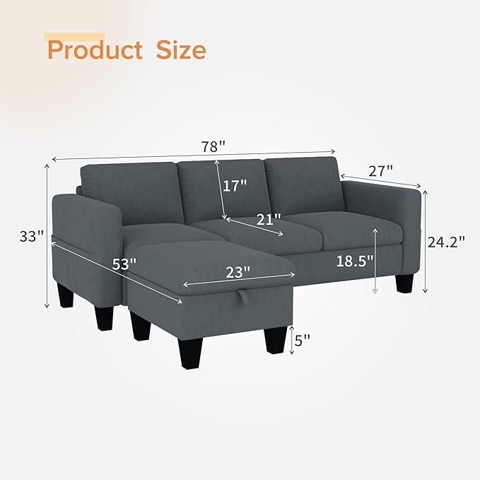 Sectional Sofa Couches for Living Room - 78''Convertible Modular Three-Seater L-Shaped Pet-Friendly CouchWashable Sofa Cover-Bench Storage Suitable for Small Living Room ApartmentOffice-Blue-Gray