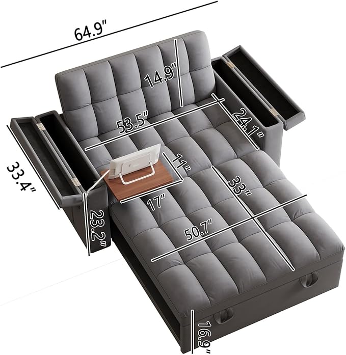 65 Modern Velvet Double Sofa 3 in 1 Foldable Computer Desk Sofa Bed with Adjustable Backrest Storage Bag and Pillow Hidden Living Room Laptop Desk with USB Port (Dark Gray)