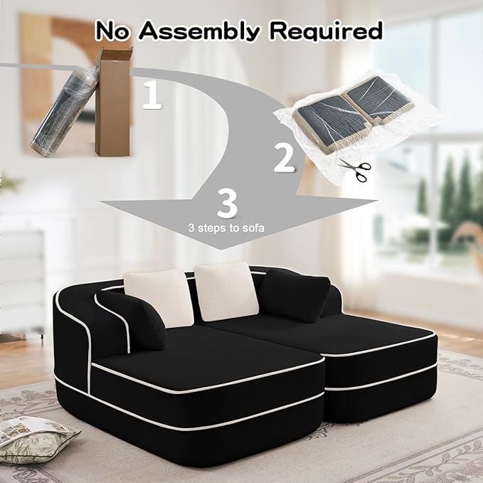 Boneless Sectional Couch with Memory Foam &amp Deep Seat Modular Sectional Sofa with Teddy Fabric for Living Room Cloud Couch with Facing Chaise No Assembly Required (Black2 L-Shaped Chaise)