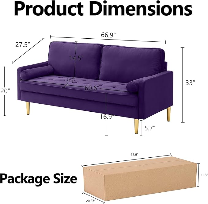 65 Inch Purple Velvet Couch Small Loveseat Sofa &amp Office Sofa for Small Space Smalls Couch for Bedroom Livingroom 2 Pillows Gold Legs Tufted Seat (Purple)